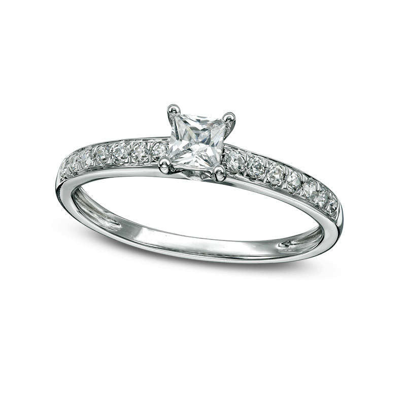 Image of ID 1 050 CT TW Princess-Cut Natural Diamond Engagement Ring in Solid 10K White Gold