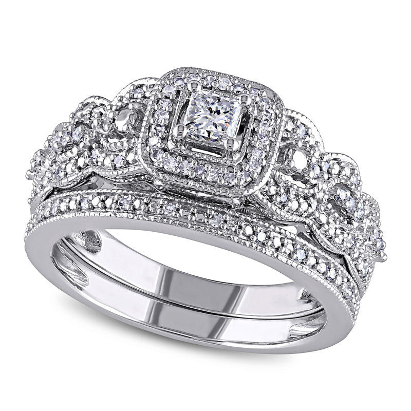 Image of ID 1 050 CT TW Princess-Cut Natural Diamond Frame Antique Vintage-Style Bridal Engagement Ring Set in Solid 14K White Gold