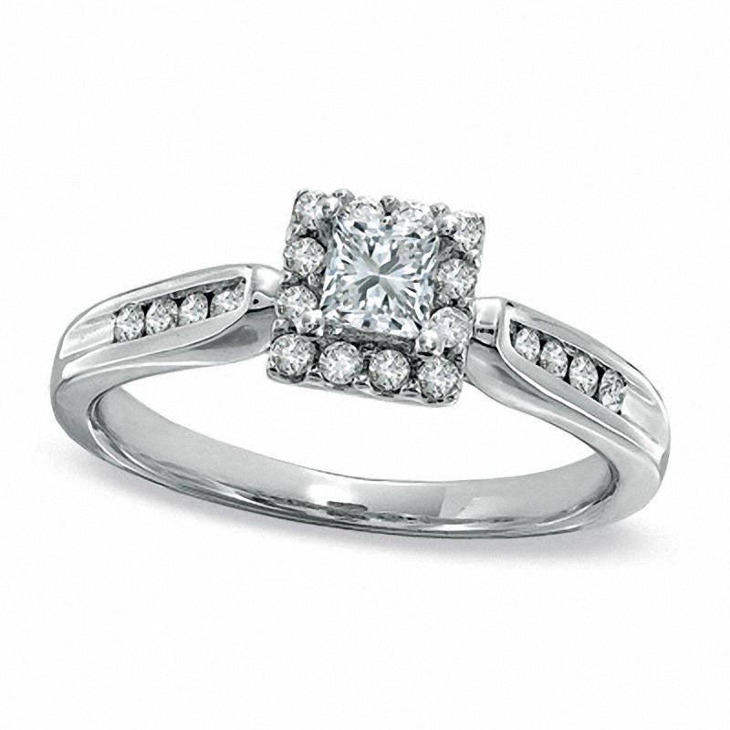 Image of ID 1 050 CT TW Princess-Cut Natural Diamond Framed Engagement Ring in Solid 14K White Gold
