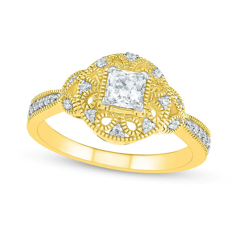 Image of ID 1 050 CT TW Princess-Cut and Round Natural Diamond Frame Antique Vintage-Style Art Deco Engagement Ring in Solid 10K Yellow Gold