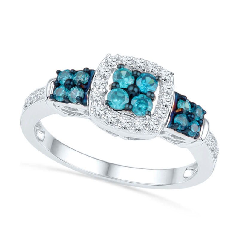 Image of ID 1 050 CT TW Quad Enhanced Blue and White Natural Diamond Three Stone Ring in Sterling Silver
