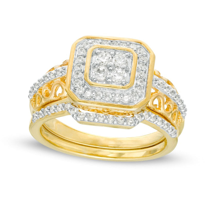 Image of ID 1 050 CT TW Quad Natural Diamond Octagonal Frame Bridal Engagement Ring Set in Solid 10K Yellow Gold