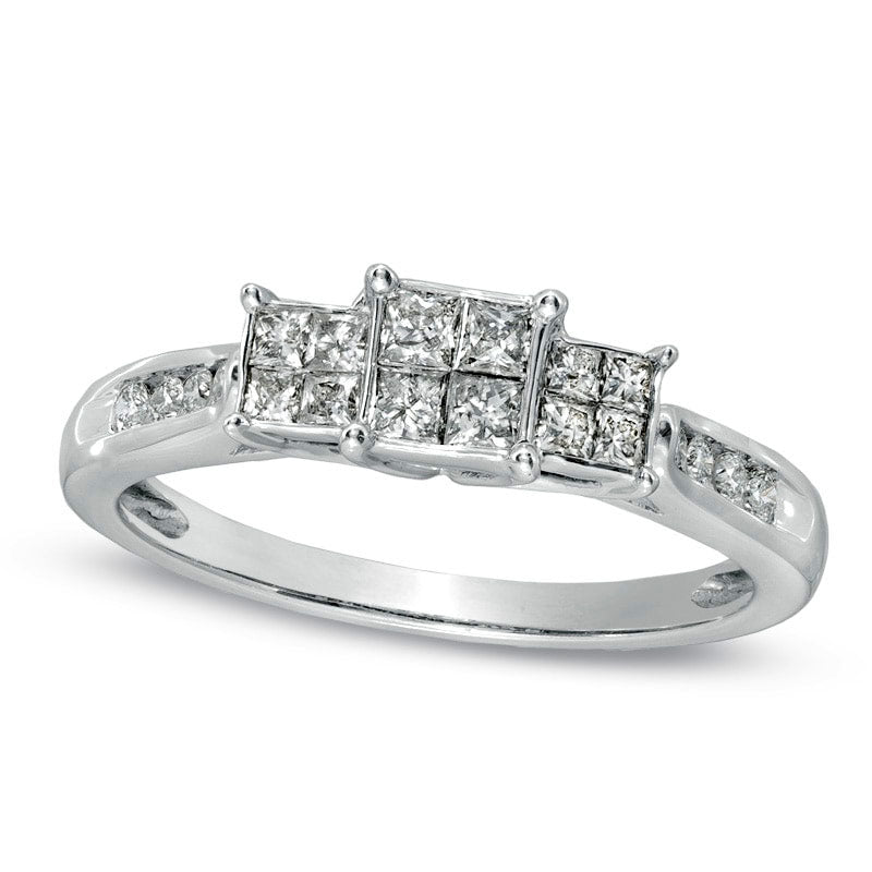 Image of ID 1 050 CT TW Quad Princess-Cut Natural Diamond Three Stone Ring in Solid 14K White Gold