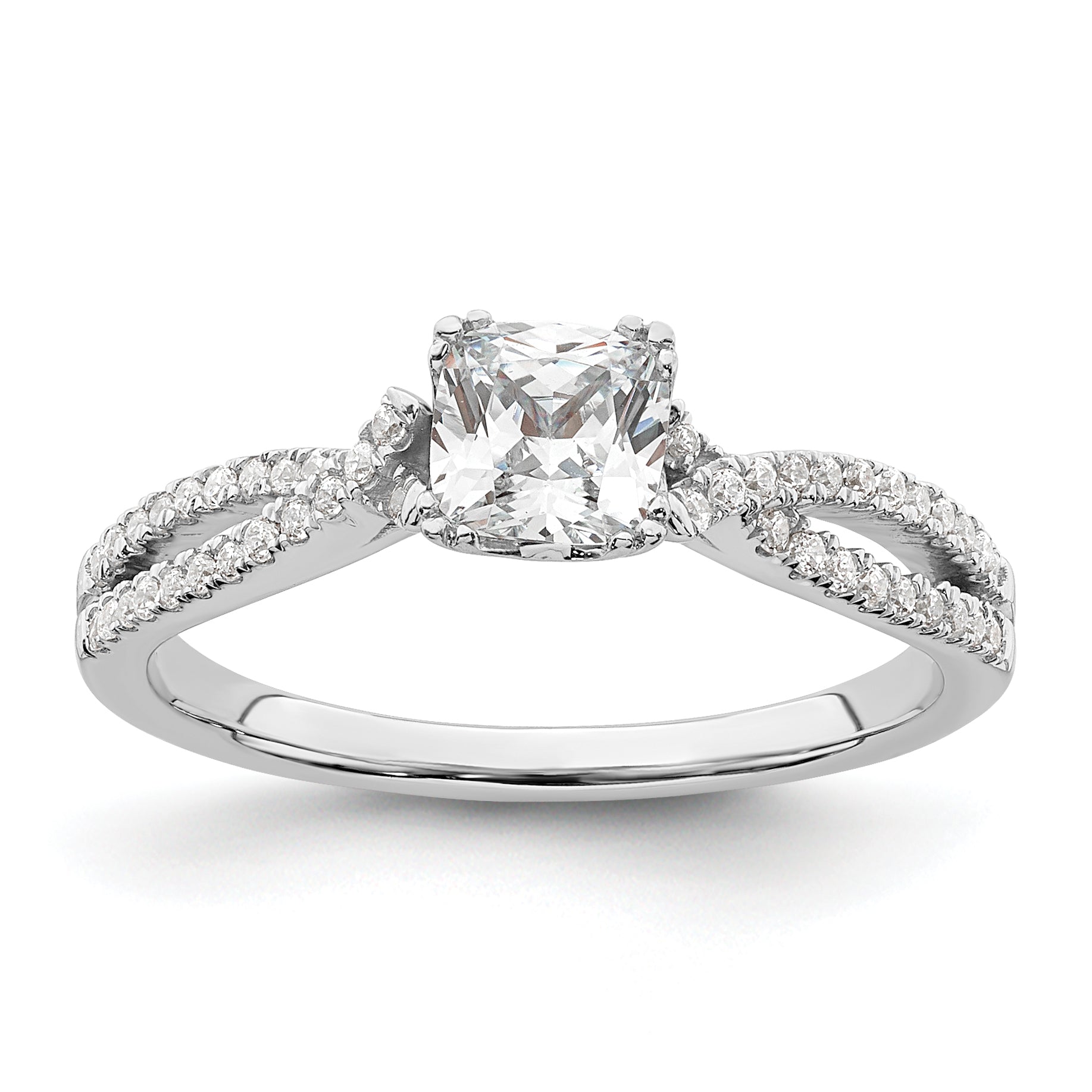 Image of ID 1 050ct CZ Solid Real 14k White Polish Criss Cross 1/2ct Cushion Eng Dia Ring