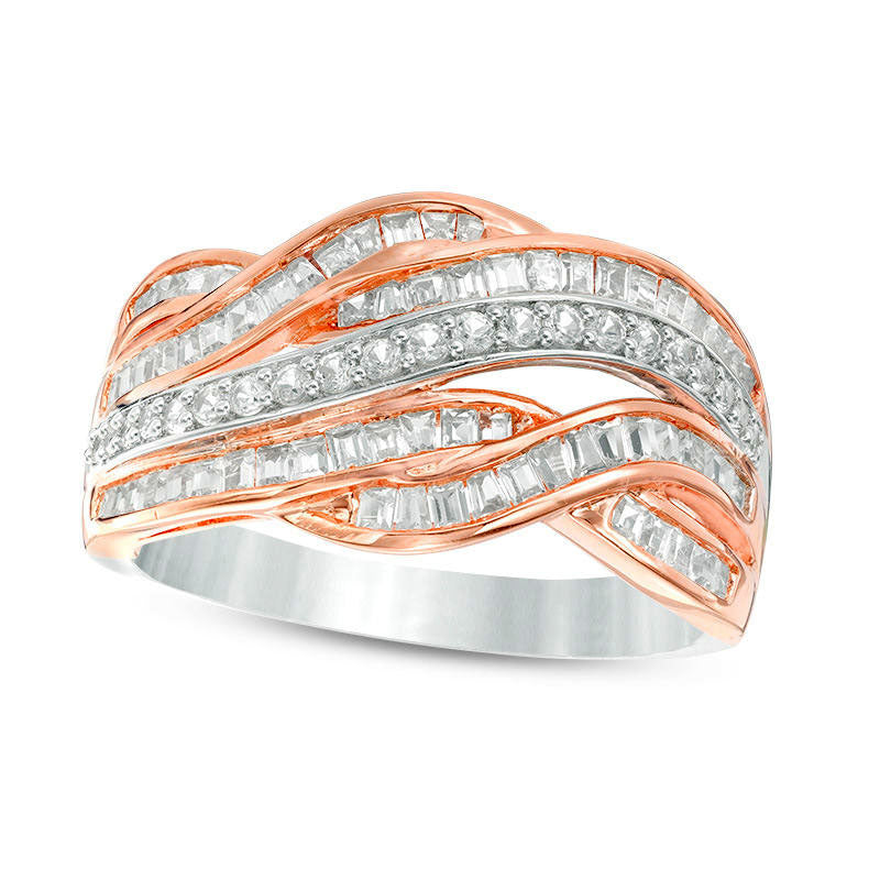 Image of ID 1 063 CT TW Baguette and Round Natural Diamond Layered Wave Ring in Solid 10K Two-Tone Gold