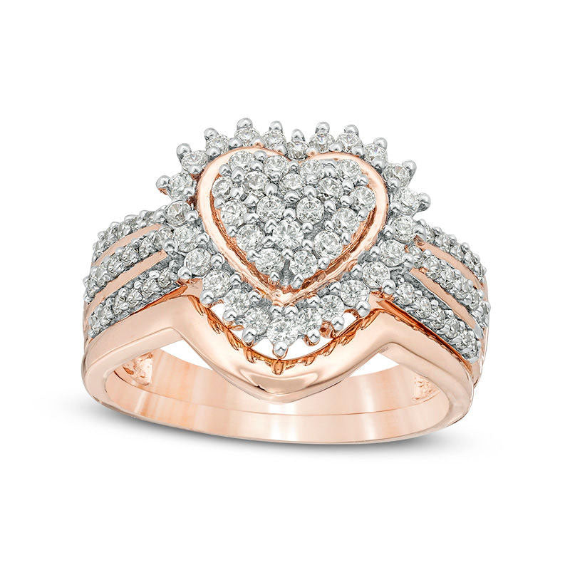 Image of ID 1 063 CT TW Composite Natural Diamond Sunburst Heart Frame Multi-Row Bridal Engagement Ring Set in Sterling Silver with Solid 14K Rose Gold Plate