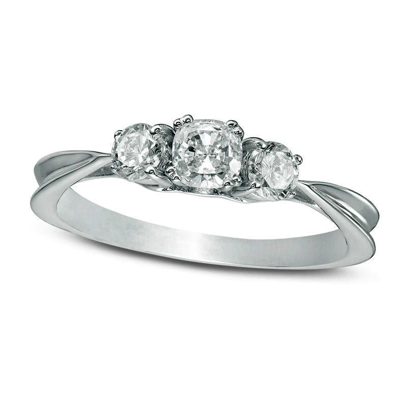 Image of ID 1 063 CT TW Cushion-Cut Natural Diamond Three Stone Engagement Ring in Solid 14K White Gold
