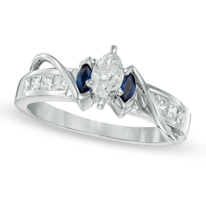 Image of ID 1 063 CT TW Marquise Natural Diamond and Blue Sapphire Three Stone Ring in Solid 14K White Gold