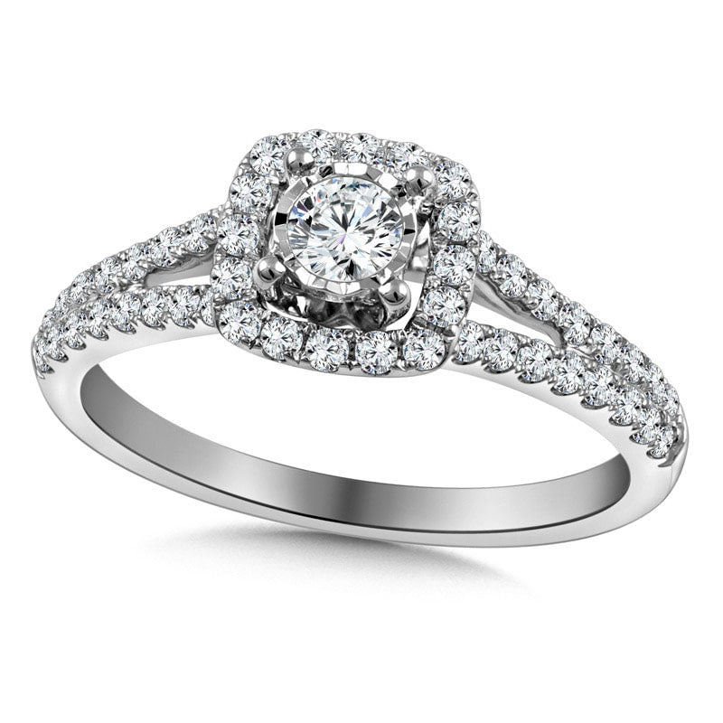 Image of ID 1 063 CT TW Natural Diamond Cushion Frame Split Shank Engagement Ring in Solid 10K White Gold
