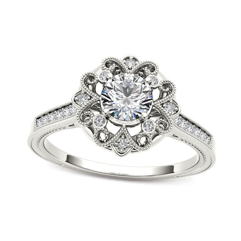 Image of ID 1 063 CT TW Natural Diamond Flower Frame Antique Vintage-Style Engagement Ring in Solid 14K White Gold