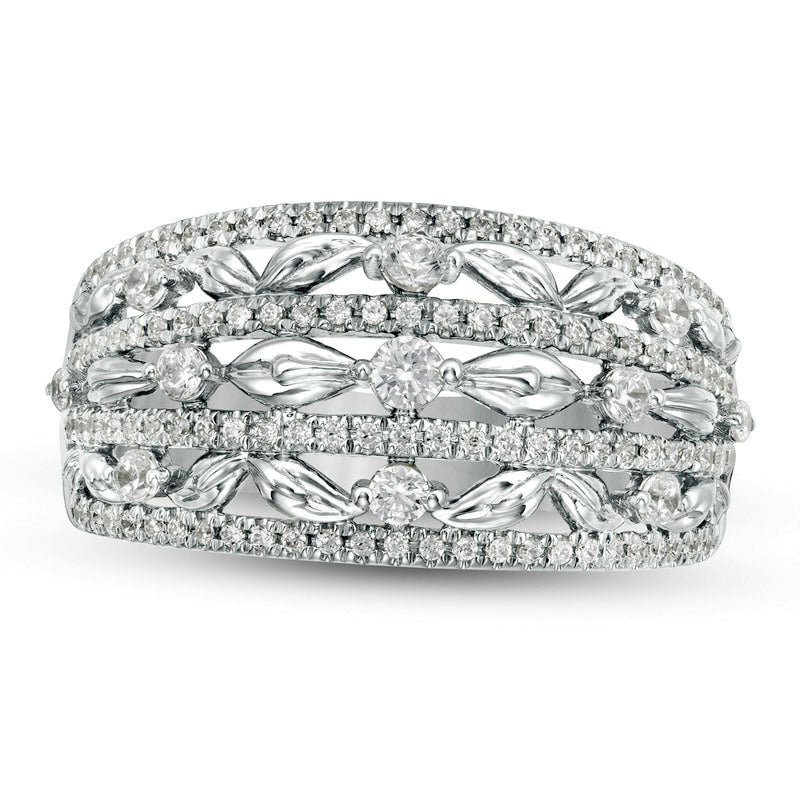 Image of ID 1 063 CT TW Natural Diamond Flower Petals Three Row Ring in Solid 10K White Gold