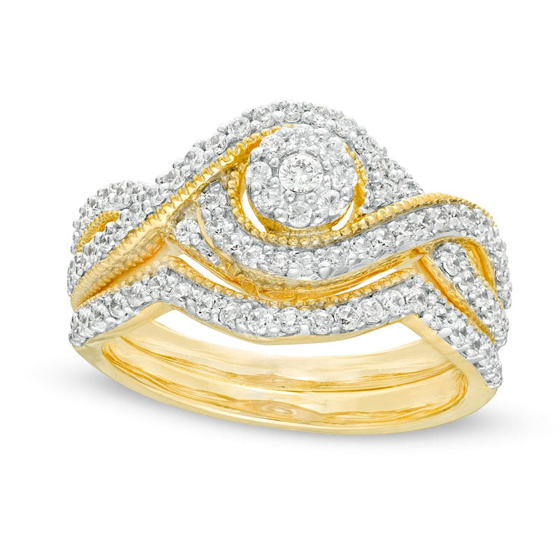 Image of ID 1 063 CT TW Natural Diamond Frame Bypass Antique Vintage-Style Bridal Engagement Ring Set in Solid 10K Yellow Gold