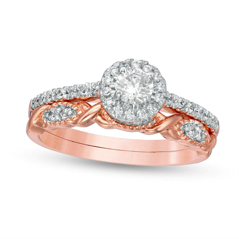 Image of ID 1 063 CT TW Natural Diamond Frame Twist Shank Bridal Engagement Ring Set in Solid 10K Rose Gold