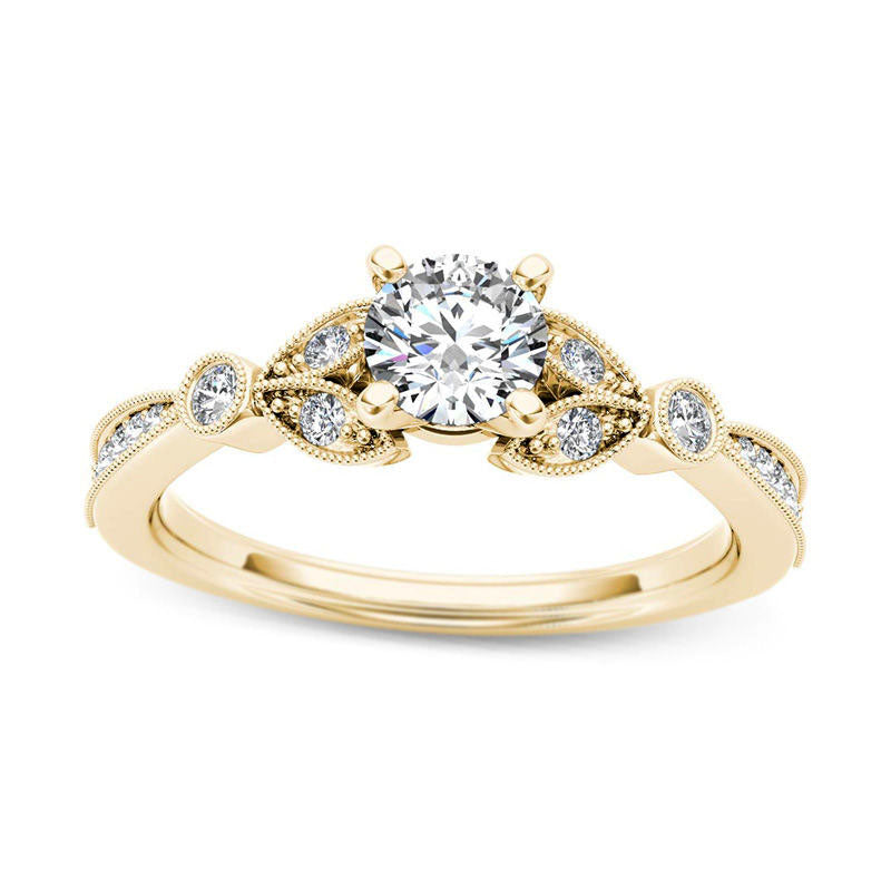 Image of ID 1 063 CT TW Natural Diamond Leaf Antique Vintage-Style Engagement Ring in Solid 14K Gold