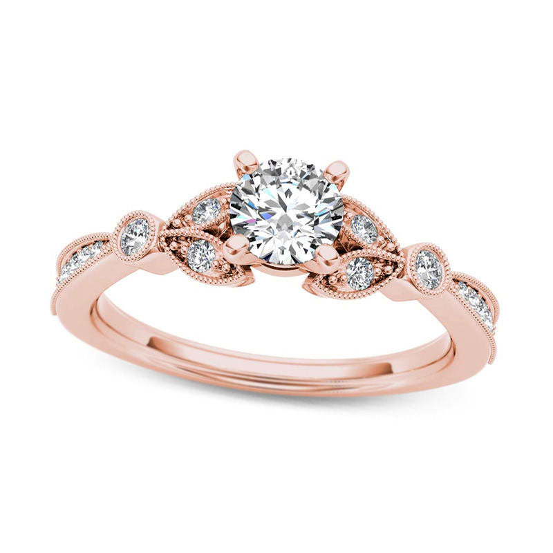 Image of ID 1 063 CT TW Natural Diamond Leaf Antique Vintage-Style Engagement Ring in Solid 14K Rose Gold