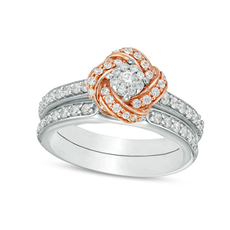 Image of ID 1 063 CT TW Natural Diamond Love Knot Frame Bridal Engagement Ring Set in Solid 10K Two-Tone Gold