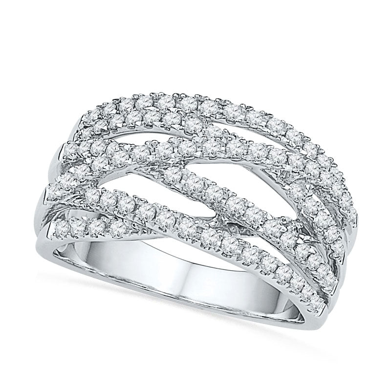 Image of ID 1 063 CT TW Natural Diamond Multi-Row Crossover Ring in Solid 10K White Gold