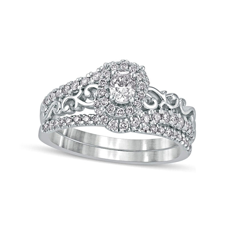 Image of ID 1 063 CT TW Oval Natural Diamond Frame Filigree Bypass Bridal Engagement Ring Set in Solid 10K White Gold