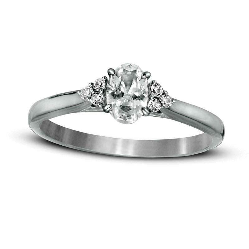 Image of ID 1 063 CT TW Oval Natural Diamond Tri-Sides Engagement Ring in Solid 14K White Gold