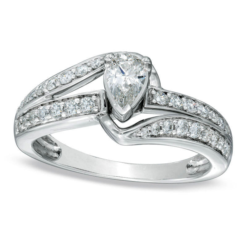Image of ID 1 063 CT TW Pear-Shaped Natural Diamond Bypass Engagement Ring in Solid 14K White Gold