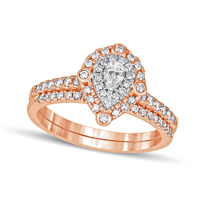 Image of ID 1 063 CT TW Pear-Shaped Natural Diamond Double Frame Bridal Engagement Ring Set in Solid 10K Rose Gold