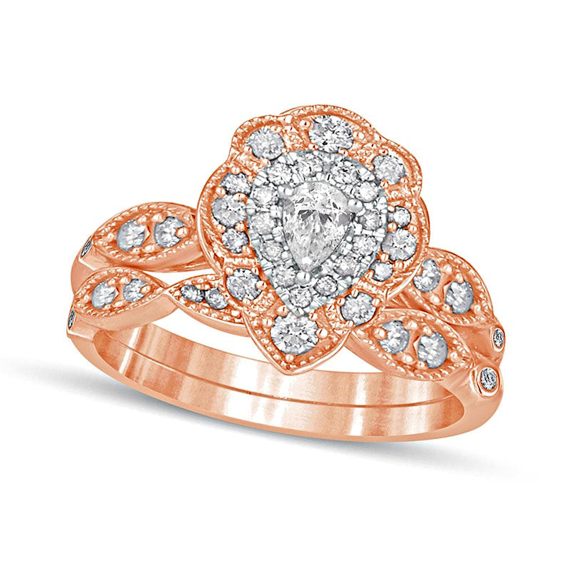 Image of ID 1 063 CT TW Pear-Shaped Natural Diamond Double Petal Frame Antique Vintage-Style Bridal Engagement Ring Set in Solid 10K Rose Gold