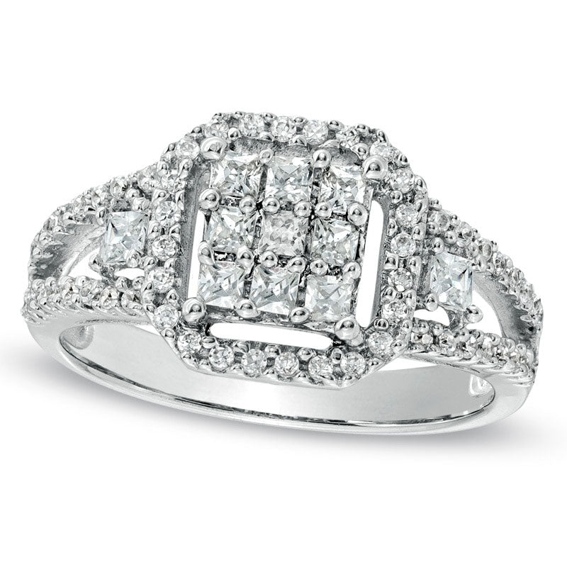 Image of ID 1 063 CT TW Princess-Cut Natural Diamond Cushion Frame Ring in Sterling Silver