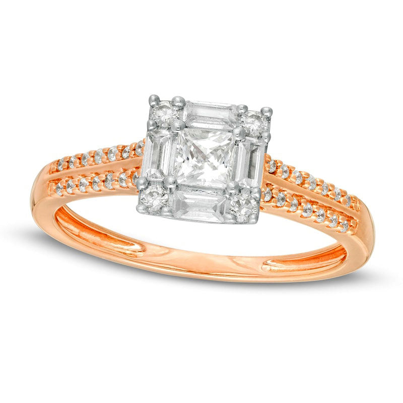 Image of ID 1 063 CT TW Princess-Cut Natural Diamond Frame Engagement Ring in Solid 14K Rose Gold