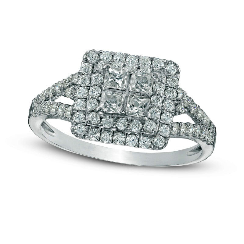 Image of ID 1 063 CT TW Quad Princess-Cut Natural Diamond Double Frame Ring in Solid 10K White Gold