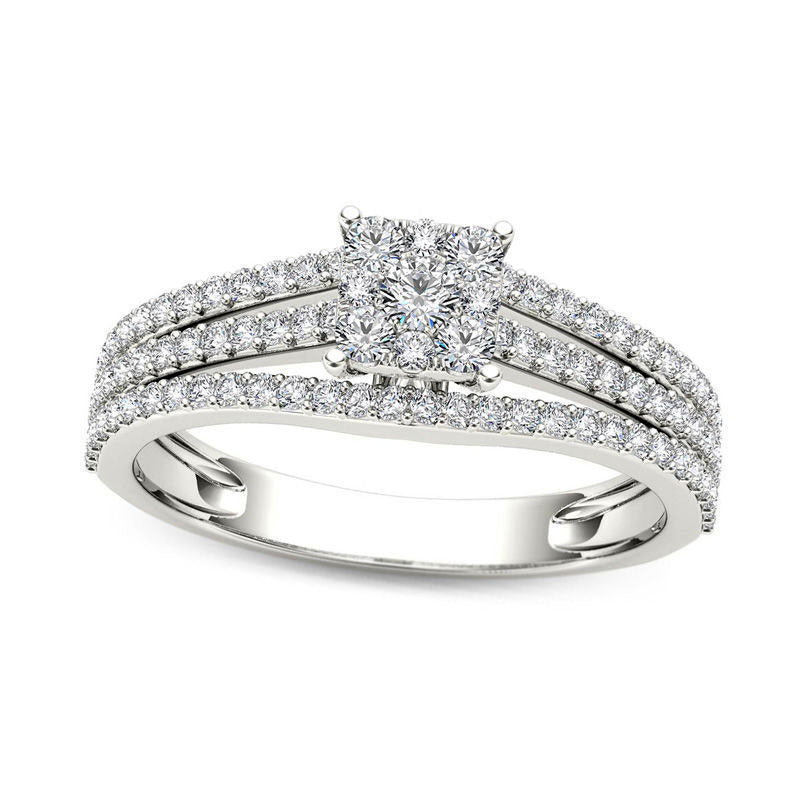 Image of ID 1 063 CT TW Square Composite Natural Diamond Three Row Engagement Ring in Solid 14K White Gold