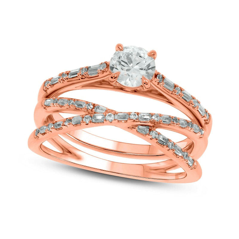 Image of ID 1 075 CT TW Baguette and Round Natural Diamond Alternating Crossover Bridal Engagement Ring Set in Solid 10K Rose Gold