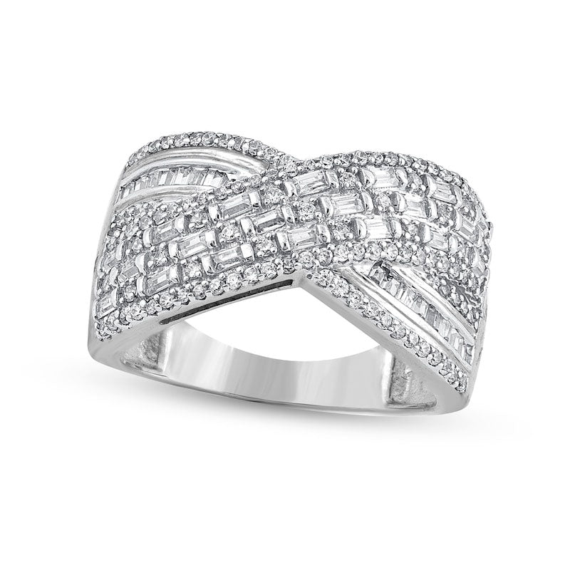 Image of ID 1 075 CT TW Baguette and Round Natural Diamond Crossover Multi-Row Ring in Solid 10K White Gold