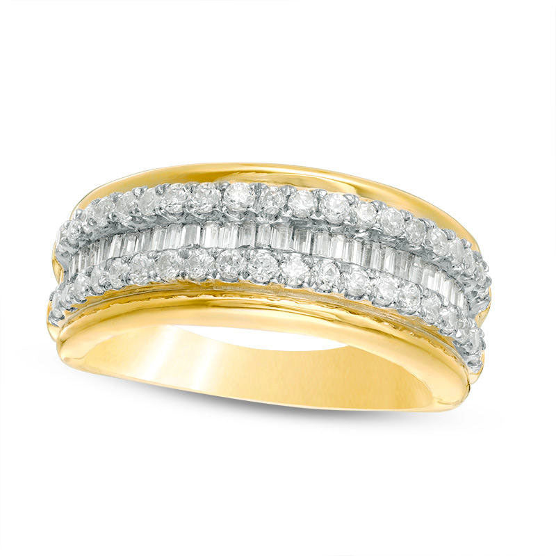 Image of ID 1 075 CT TW Baguette and Round Natural Diamond Multi-Row Band in Solid 10K Yellow Gold