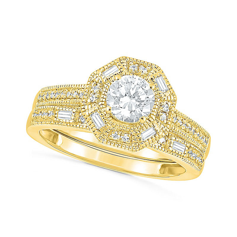 Image of ID 1 075 CT TW Baguette and Round Natural Diamond Octagonal Frame Antique Vintage-Style Bridal Engagement Ring Set in Solid 10K Yellow Gold