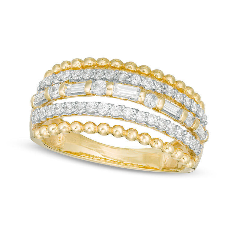 Image of ID 1 075 CT TW Baguette and Round Natural Diamond and Beaded Multi-Row Split Ring in Solid 10K Yellow Gold