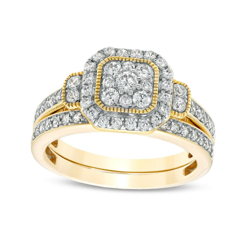 Image of ID 1 075 CT TW Composite Cushion Natural Diamond Frame Antique Vintage-Style Bridal Engagement Ring Set in Solid 10K Yellow Gold