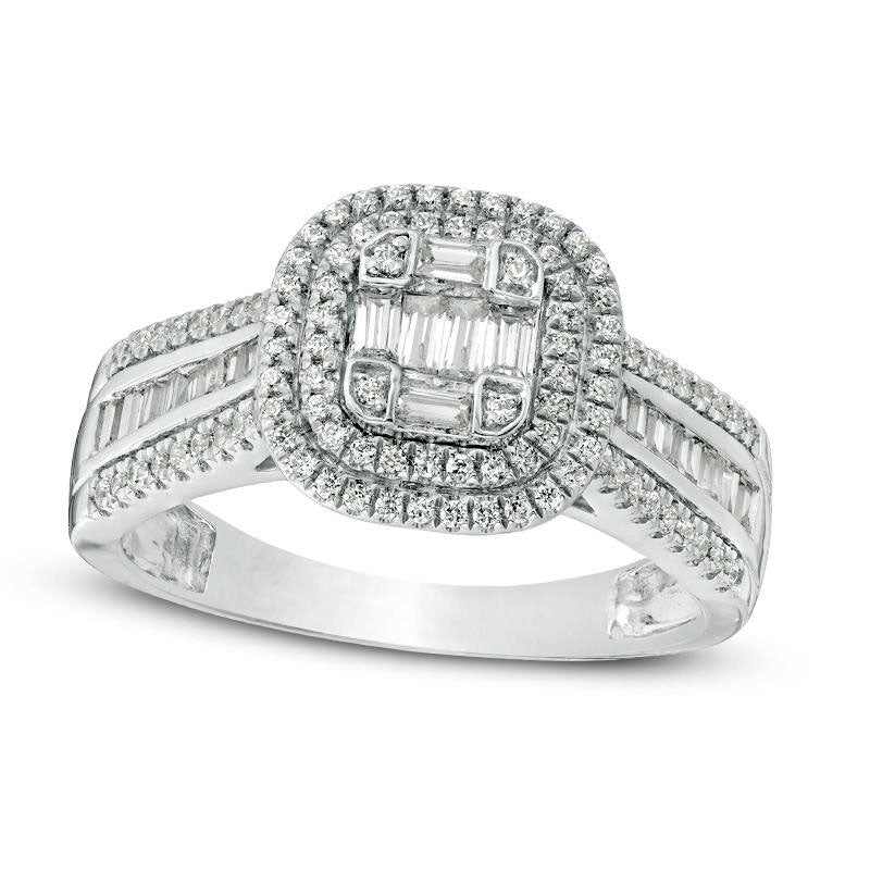 Image of ID 1 075 CT TW Composite Natural Diamond Double Cushion Frame Multi-Row Engagement Ring in Solid 10K White Gold