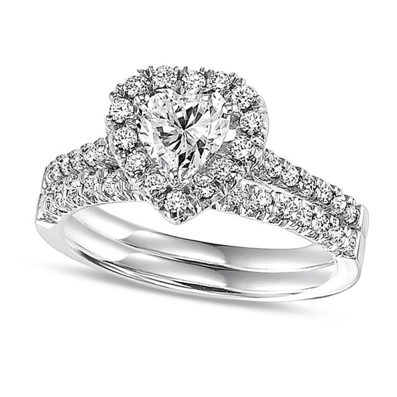 Image of ID 1 075 CT TW Heart-Shaped Natural Diamond Frame Bridal Engagement Ring Set in Solid 14K White Gold