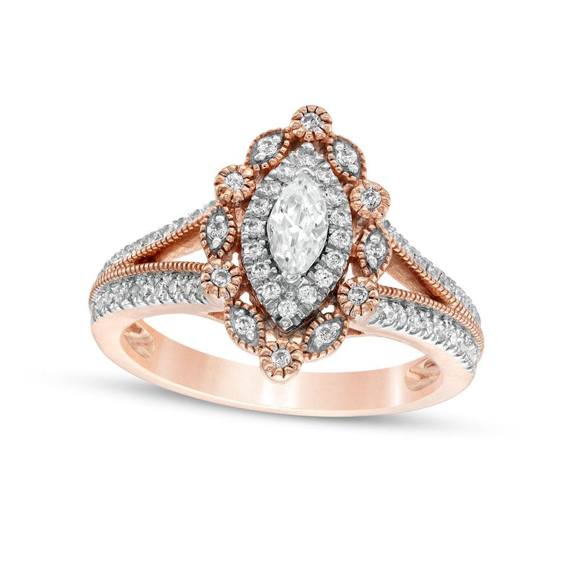 Image of ID 1 075 CT TW Marquise and Round Natural Diamond Alternating Frame Antique Vintage-Style Engagement Ring in Solid 10K Rose Gold
