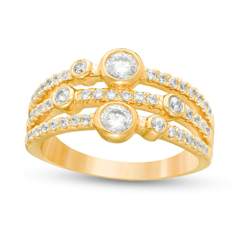 Image of ID 1 075 CT TW Natural Diamond Bezel-Set Triple Row Ring in Solid 10K Yellow Gold