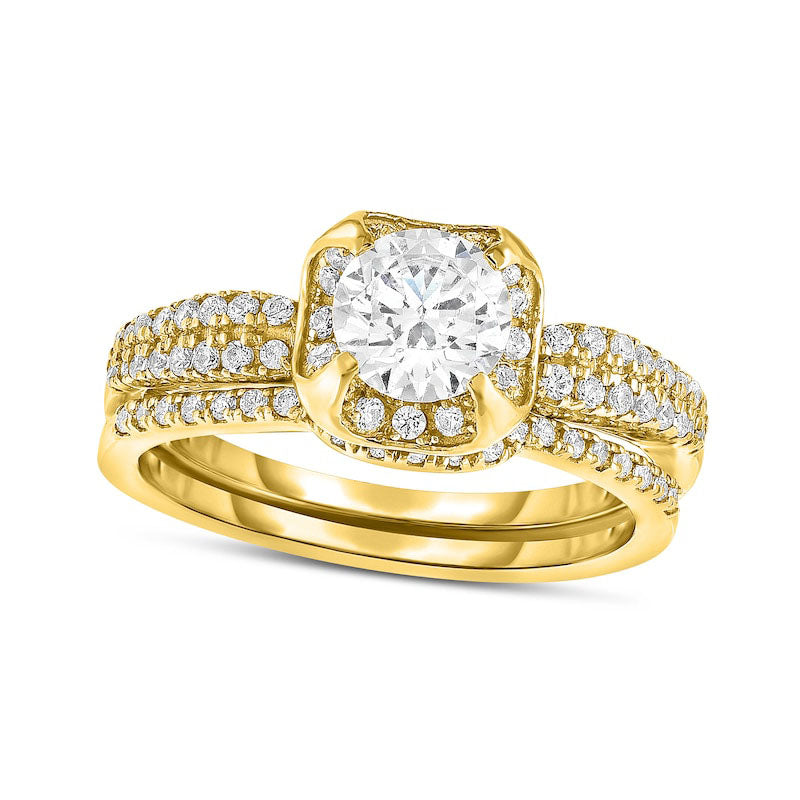 Image of ID 1 075 CT TW Natural Diamond Cushion Frame Double Row Bridal Engagement Ring Set in Solid 14K Gold