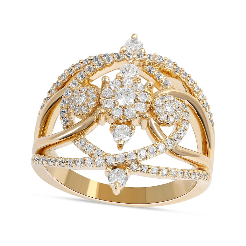 Image of ID 1 075 CT TW Natural Diamond Frame Three Stone Orbit Ring in Solid 10K Yellow Gold