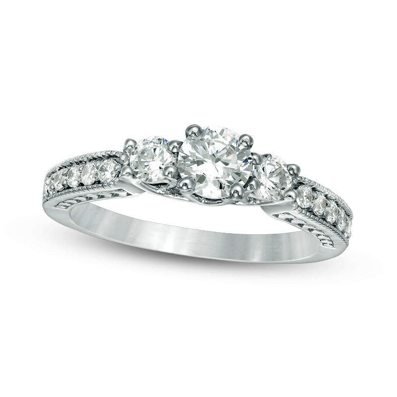 Image of ID 1 075 CT TW Natural Diamond Three Stone Antique Vintage-Style Engagement Ring in Solid 10K White Gold