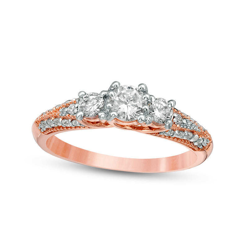 Image of ID 1 075 CT TW Natural Diamond Three Stone V-Sides Antique Vintage-Style Engagement Ring in Solid 10K Rose Gold