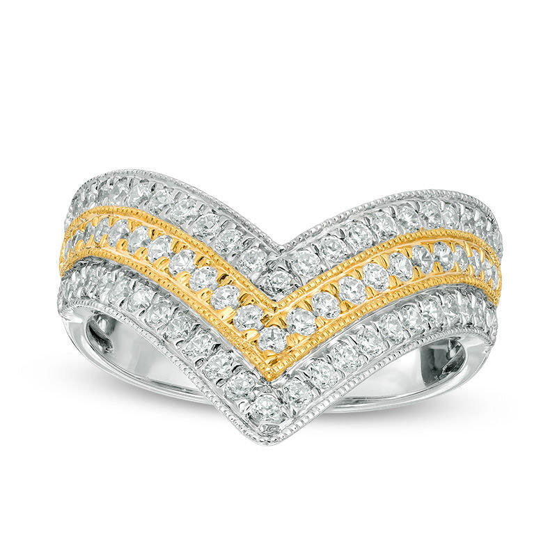 Image of ID 1 075 CT TW Natural Diamond Triple Row Chevron Band in Solid 14K Two-Tone Gold
