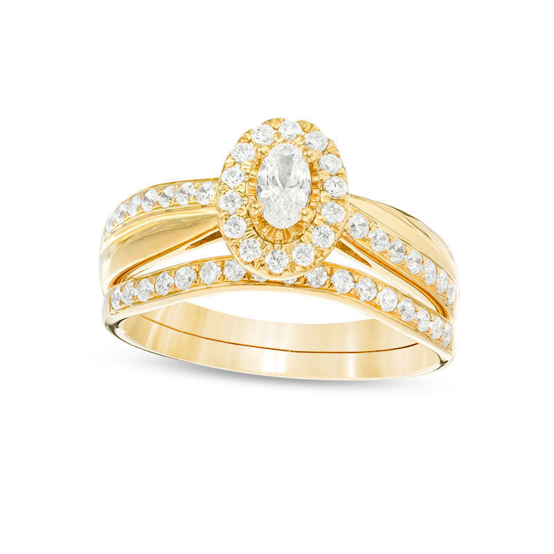 Image of ID 1 075 CT TW Oval Natural Diamond Frame Crossover Bridal Engagement Ring Set in Solid 14K Gold
