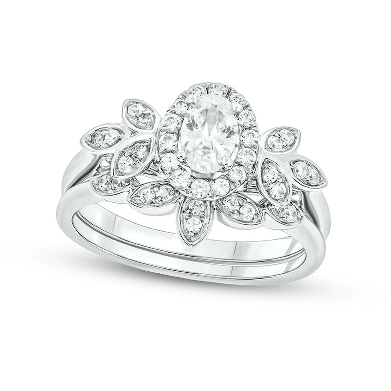 Image of ID 1 075 CT TW Oval Natural Diamond Frame Tri-Sides Leaf Bridal Engagement Ring Set in Solid 14K White Gold (I/I2)