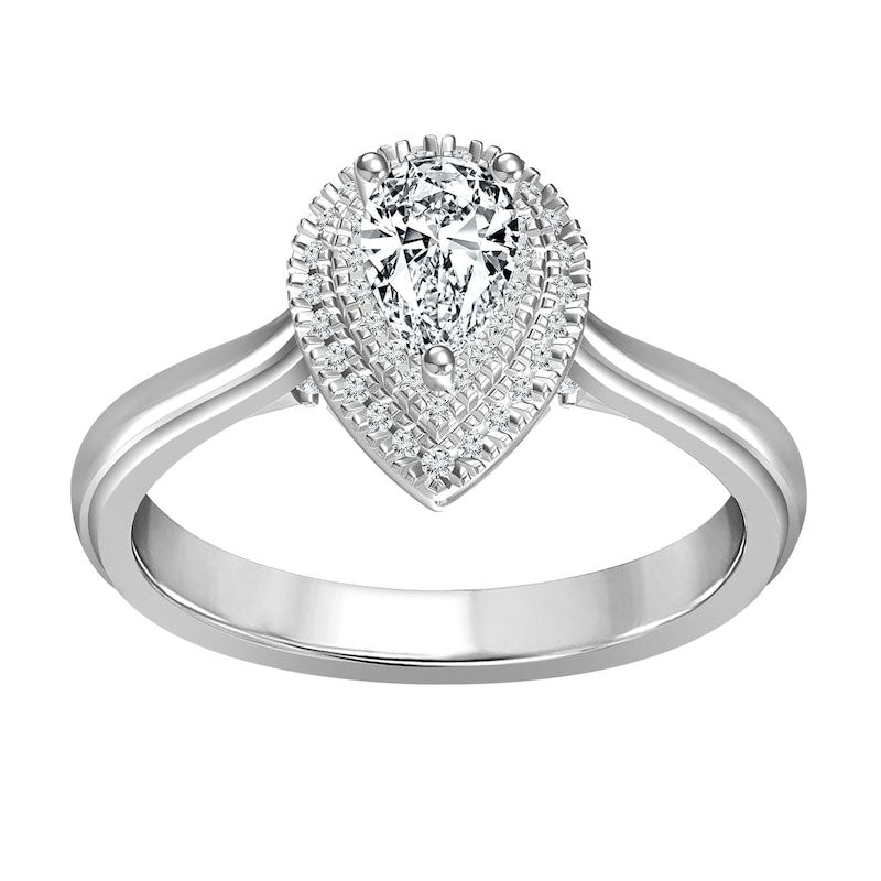 Image of ID 1 075 CT TW Pear-Shaped Natural Diamond Double Frame Engagement Ring in Solid 14K White Gold