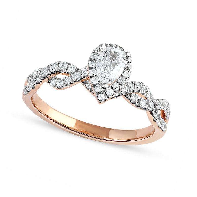 Image of ID 1 075 CT TW Pear-Shaped Natural Diamond Frame Twist Shank Engagement Ring in Solid 10K Rose Gold (I/I1)
