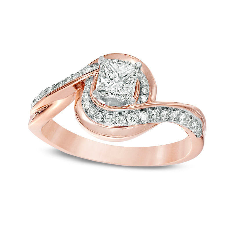 Image of ID 1 075 CT TW Princess-Cut Natural Diamond Bypass Swirl Engagement Ring in Solid 10K Rose Gold